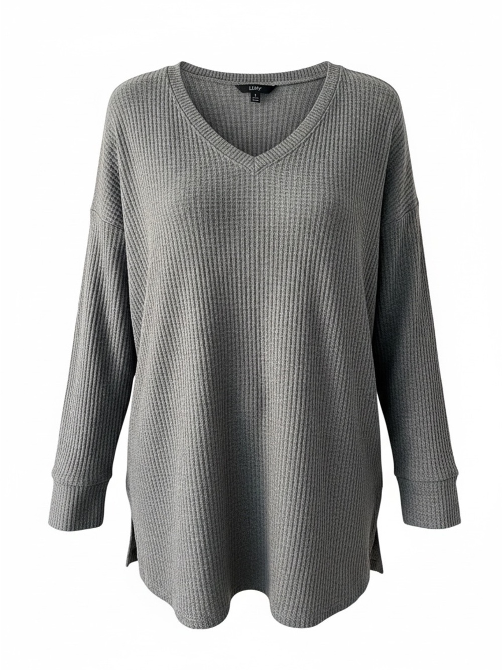 LilDoy Solid Waffle Knit V‑Neck Tunic - Taupe Gray